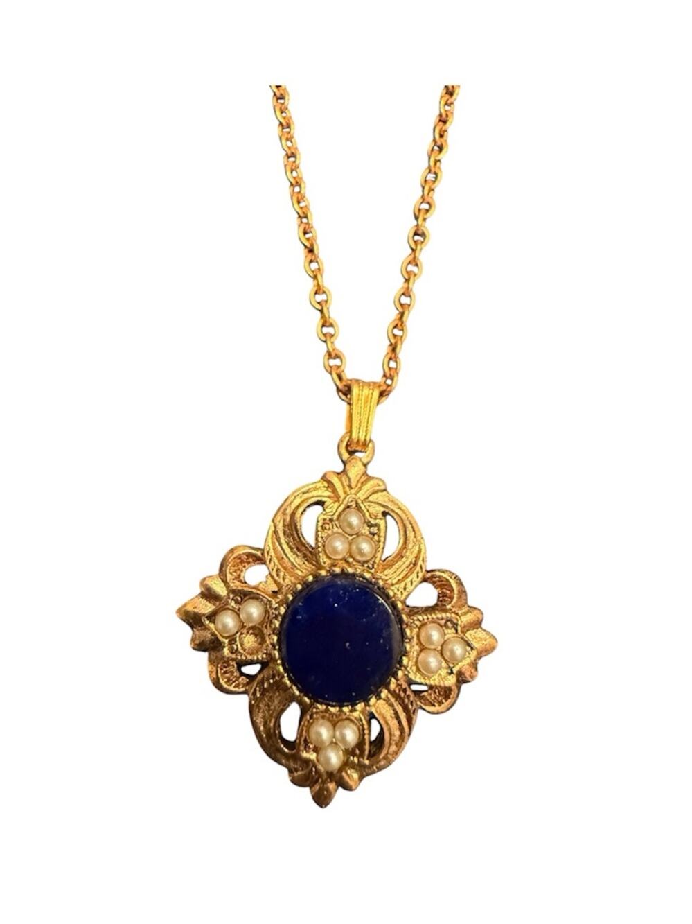 Vintage Avon Viennese Collection Blue Lapis with Faux Pearls Necklace Long - Picture 1 of 4